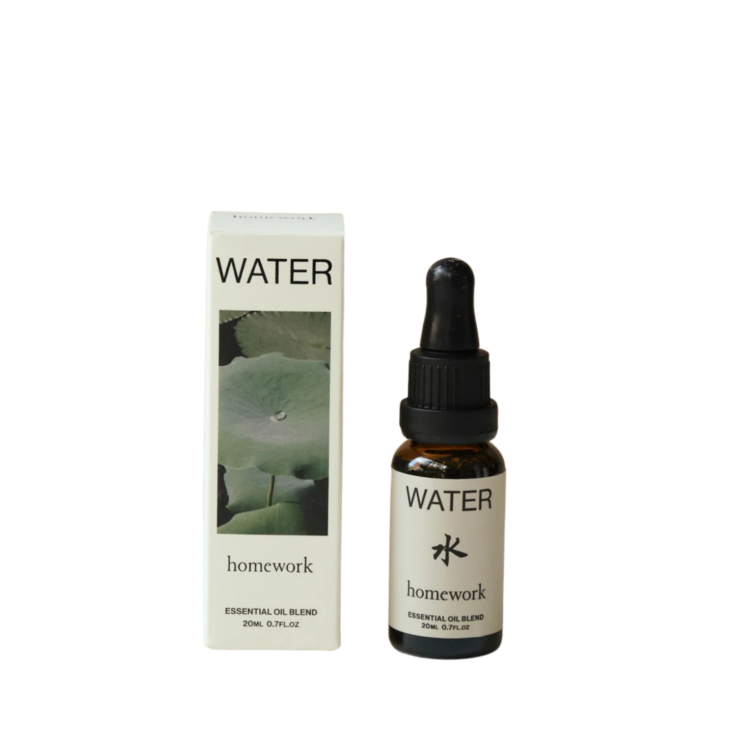 Homework Water essential oil blend bottle and packaging on a white background