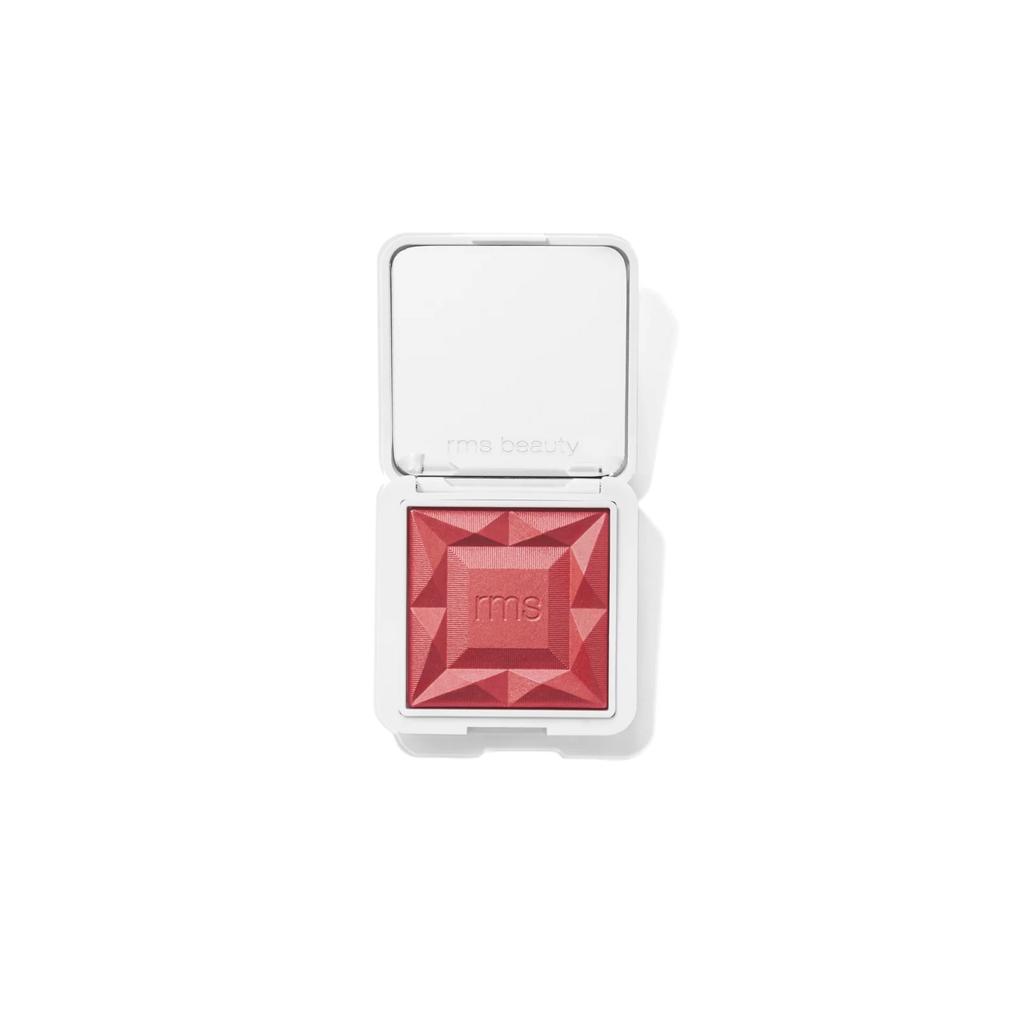 RMS Beauty ReDimension Hydra Powder Blush - Kir Royal diamond-shaped pressed powder blush in a vibrant coral pink shade, housed in a white compact with an open mirror lid, shown on a clean white background.