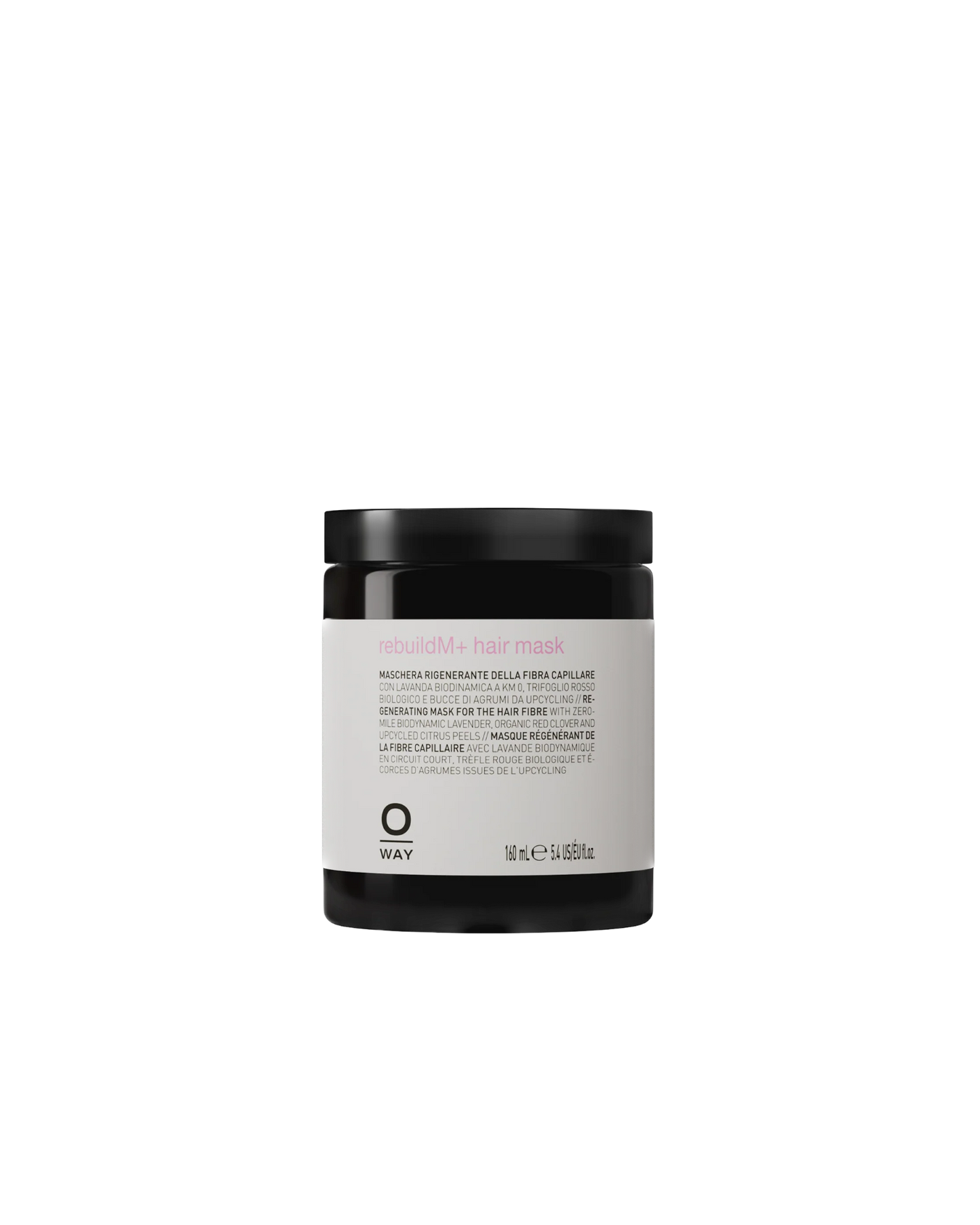 RebuildM+ Hair mask jar with white label on a white background