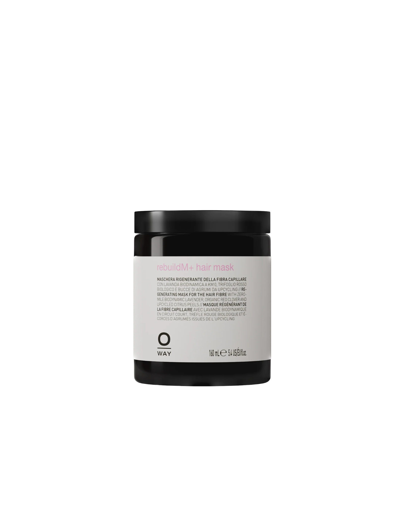 RebuildM+ Hair mask jar with white label on a white background