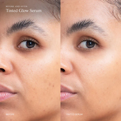 Before and after comparison of a woman's face with tinted glow serum application.