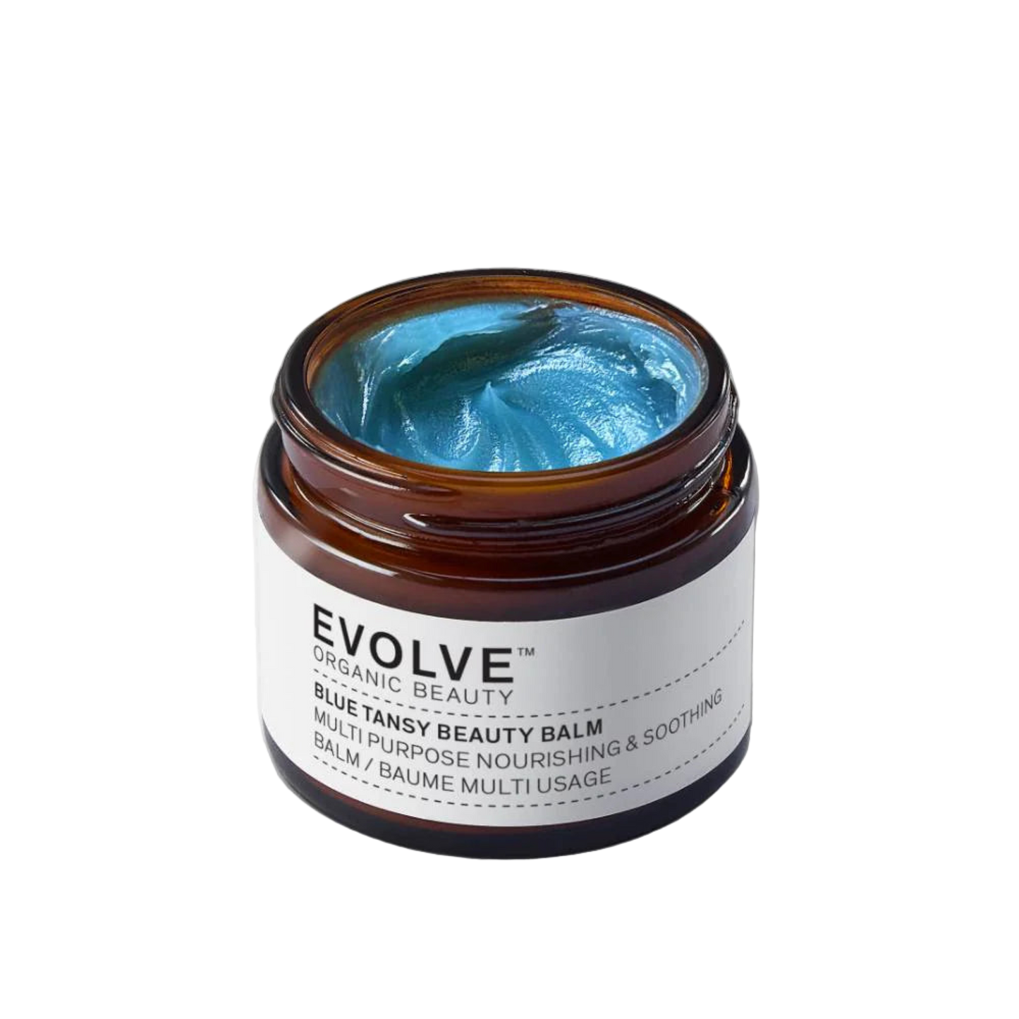Jar of blue balm with 'Evolve' label on a white background