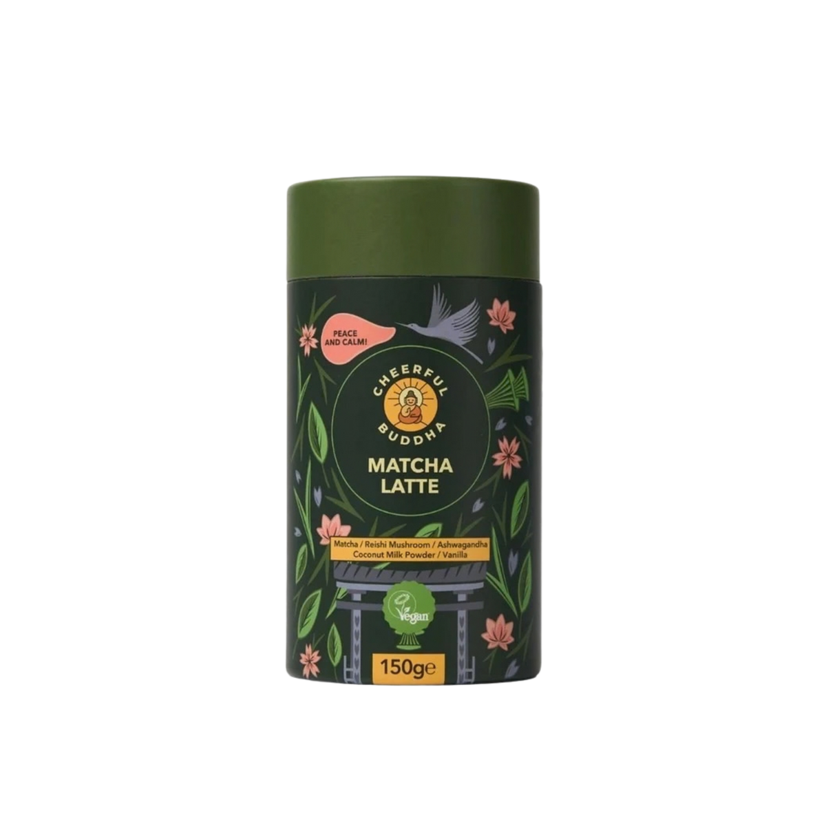 A cylindrical green tin of Cheerful Mornings Matcha Latte tea, featuring a dark green label decorated with pink flowers, green leaves, and a Japanese torii gate, on a solid white background.