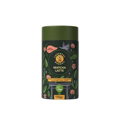 A cylindrical green tin of Cheerful Mornings Matcha Latte tea, featuring a dark green label decorated with pink flowers, green leaves, and a Japanese torii gate, on a solid white background.