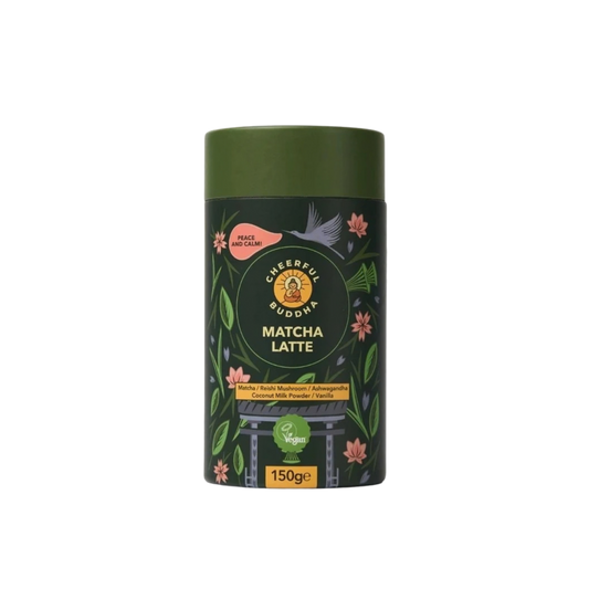 A cylindrical green tin of Cheerful Mornings Matcha Latte tea, featuring a dark green label decorated with pink flowers, green leaves, and a Japanese torii gate, on a solid white background.