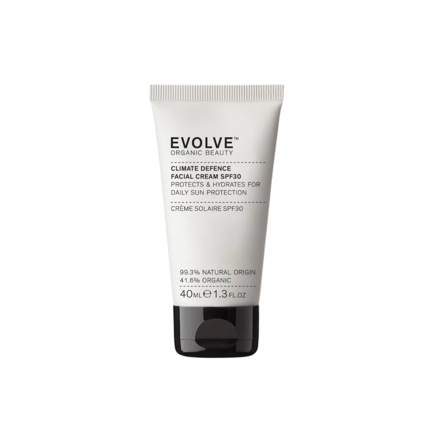 White bottle of evolve face cream on white background