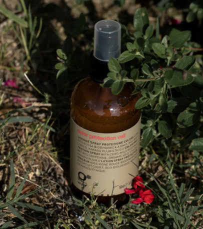 Glass bottle of spray with a label on a grassy background