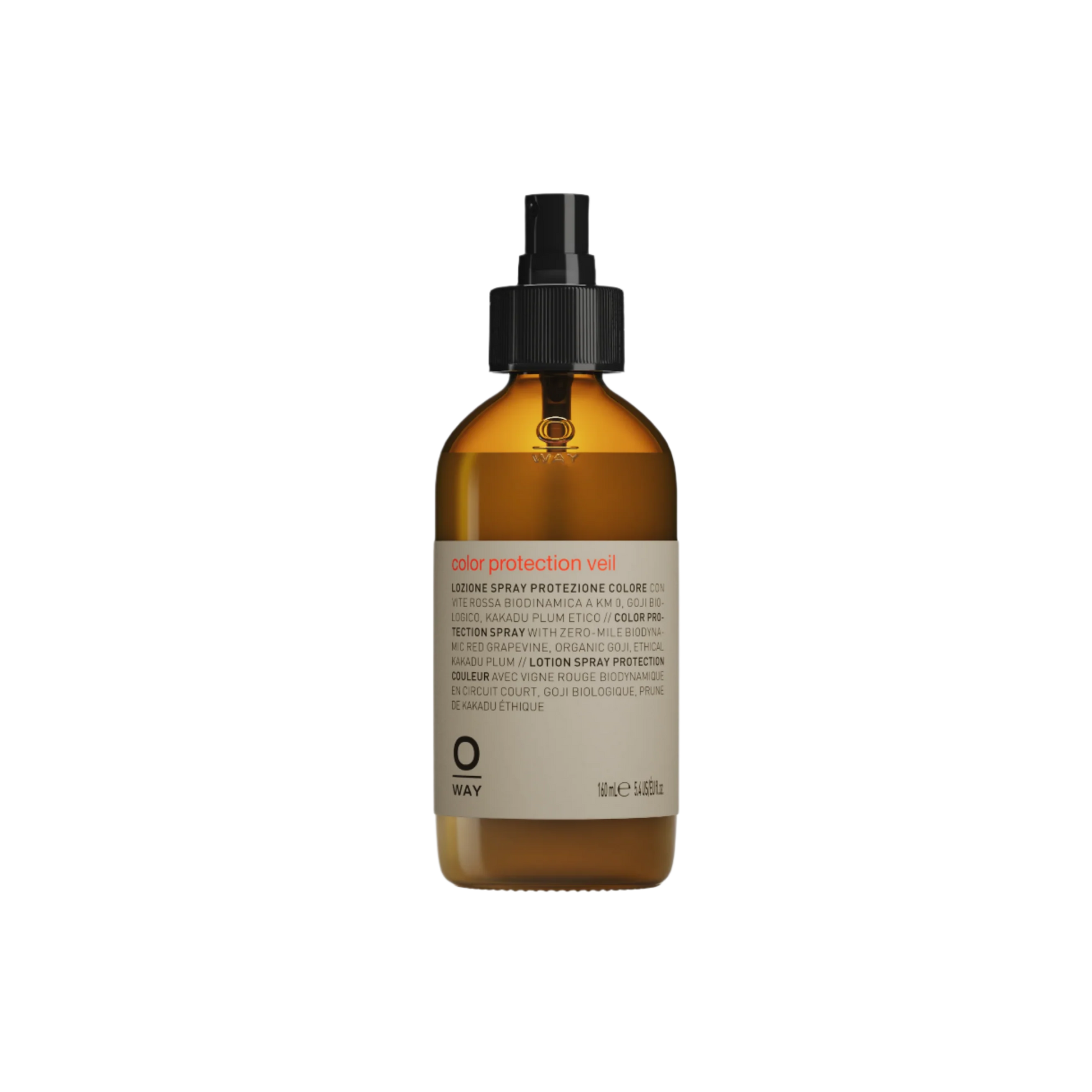 Brown spray bottle with a label on a white background