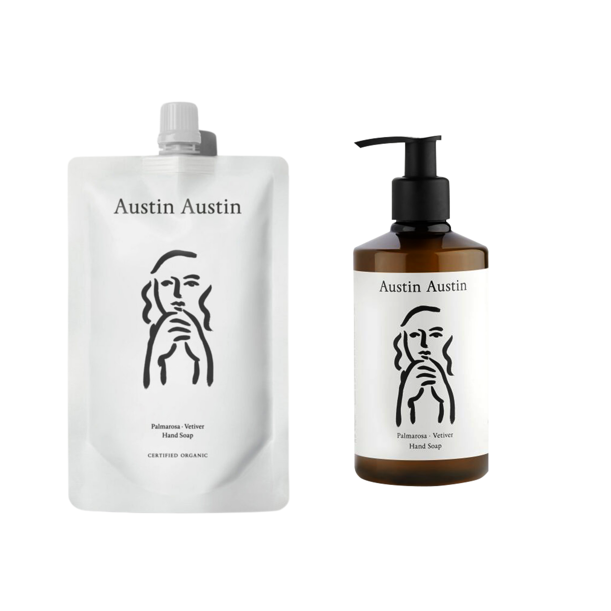 A bottle of Austin Austin Hand soap with a refill pouch of the same soap next to it