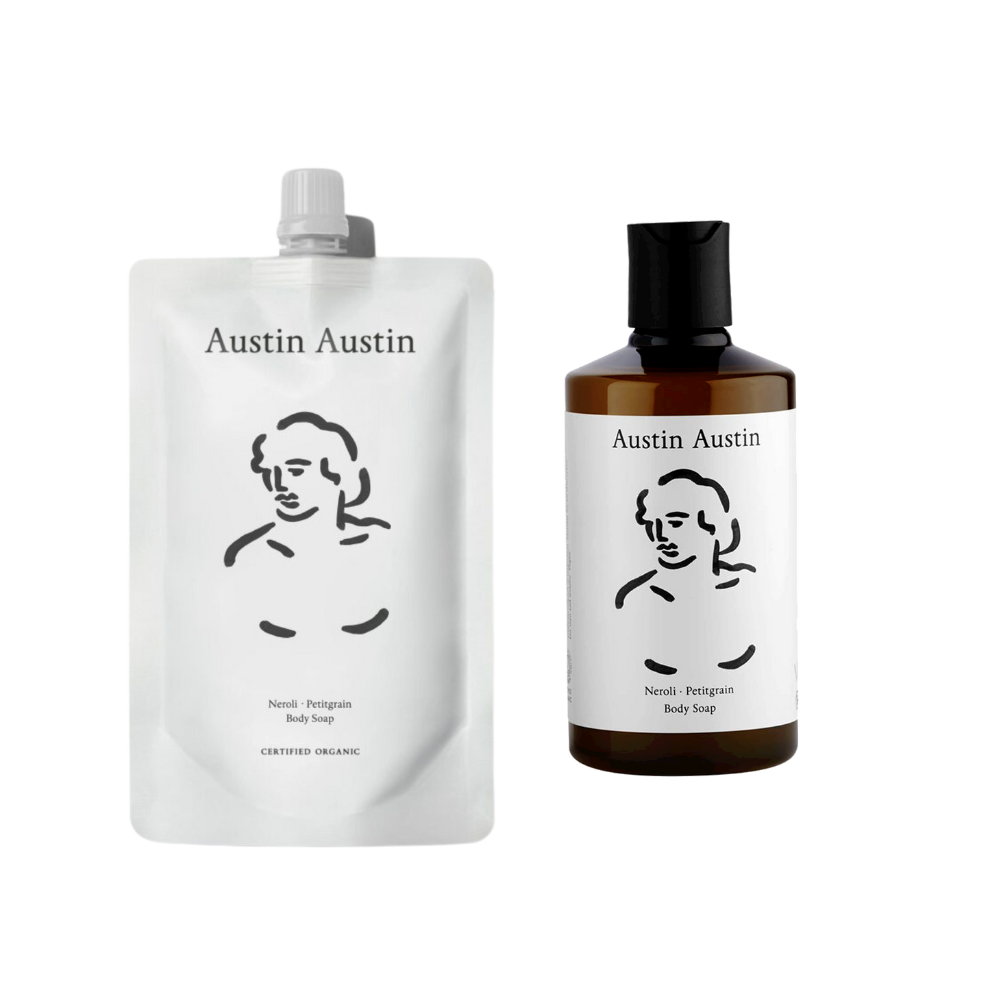 A bottle of Austin Austin Body soap with a refill pouch of the same soap next to it