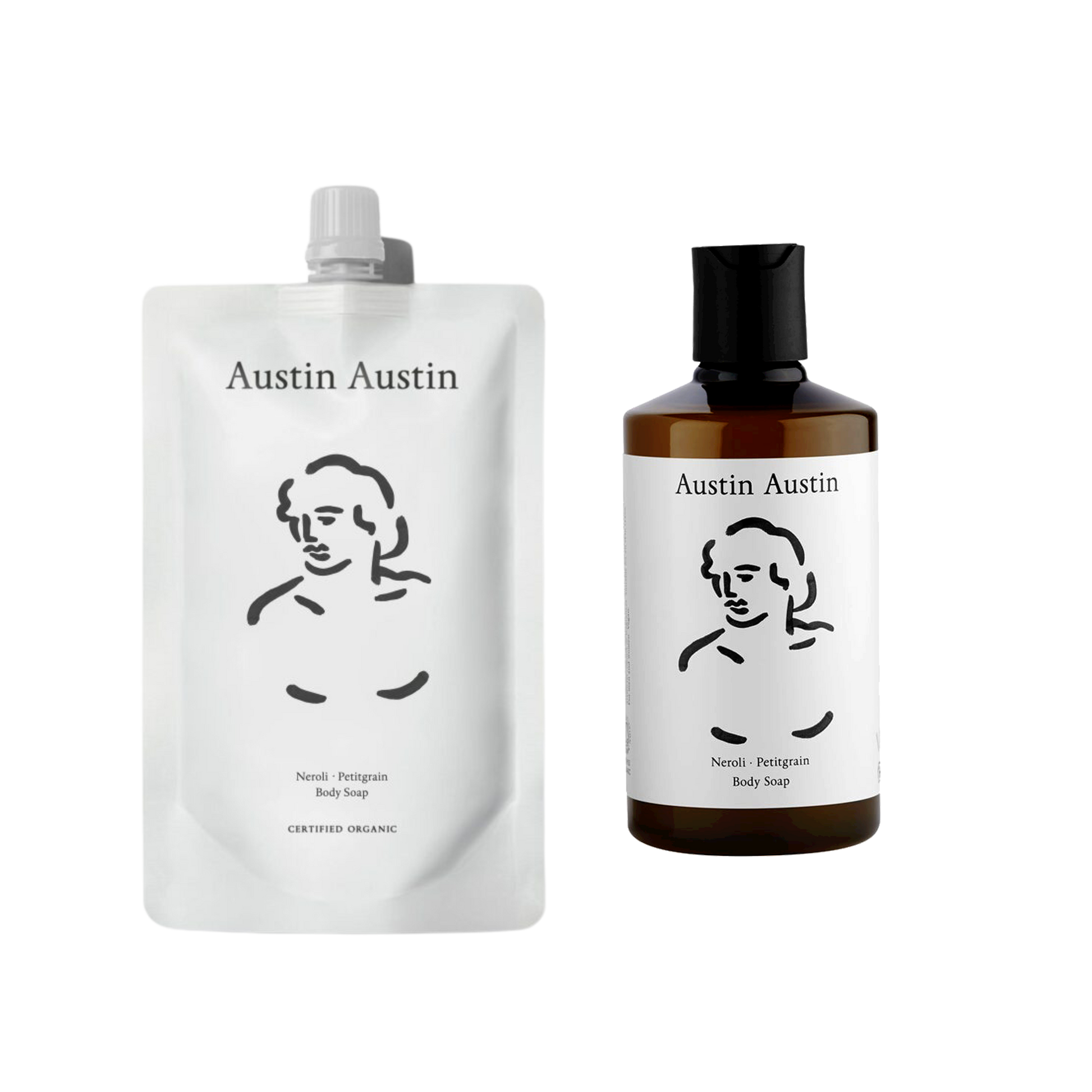 A bottle of Austin Austin Body soap with a refill pouch of the same soap next to it