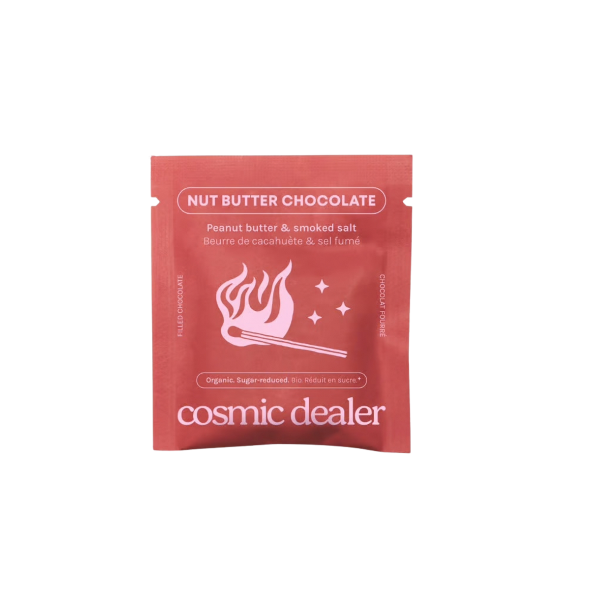 A single pink resealable pouch of Cosmic Dealer Nut Butter Chocolate, featuring a pink flaming match graphic and white text, centered on a plain white background.