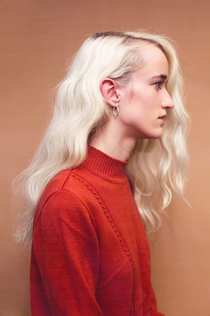 Glasshouse journal Organic Bleached hair side profile red jumper