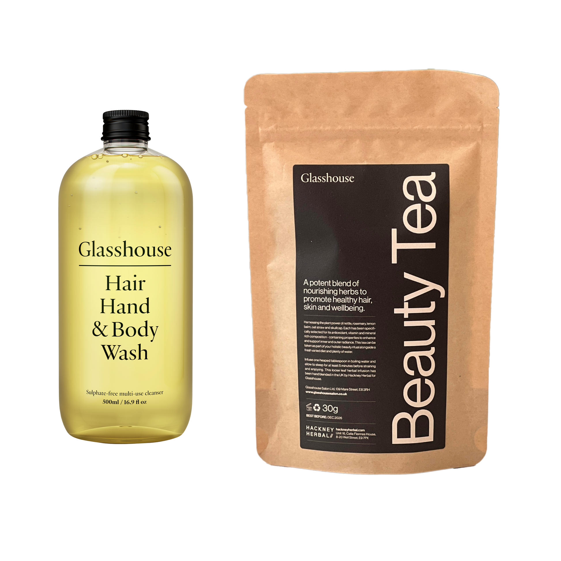 Glasshouse Hair Hand & Body Wash bottle and Beauty Tea packaging on a white background