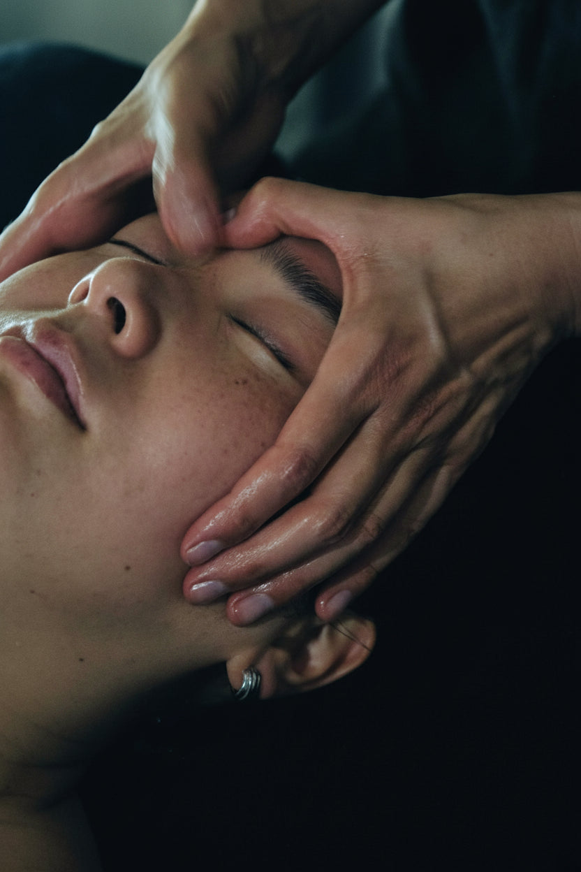 Close-up of a person receiving a facial massage, with hands applying oil and pressing the forehead and temples against a dark background.