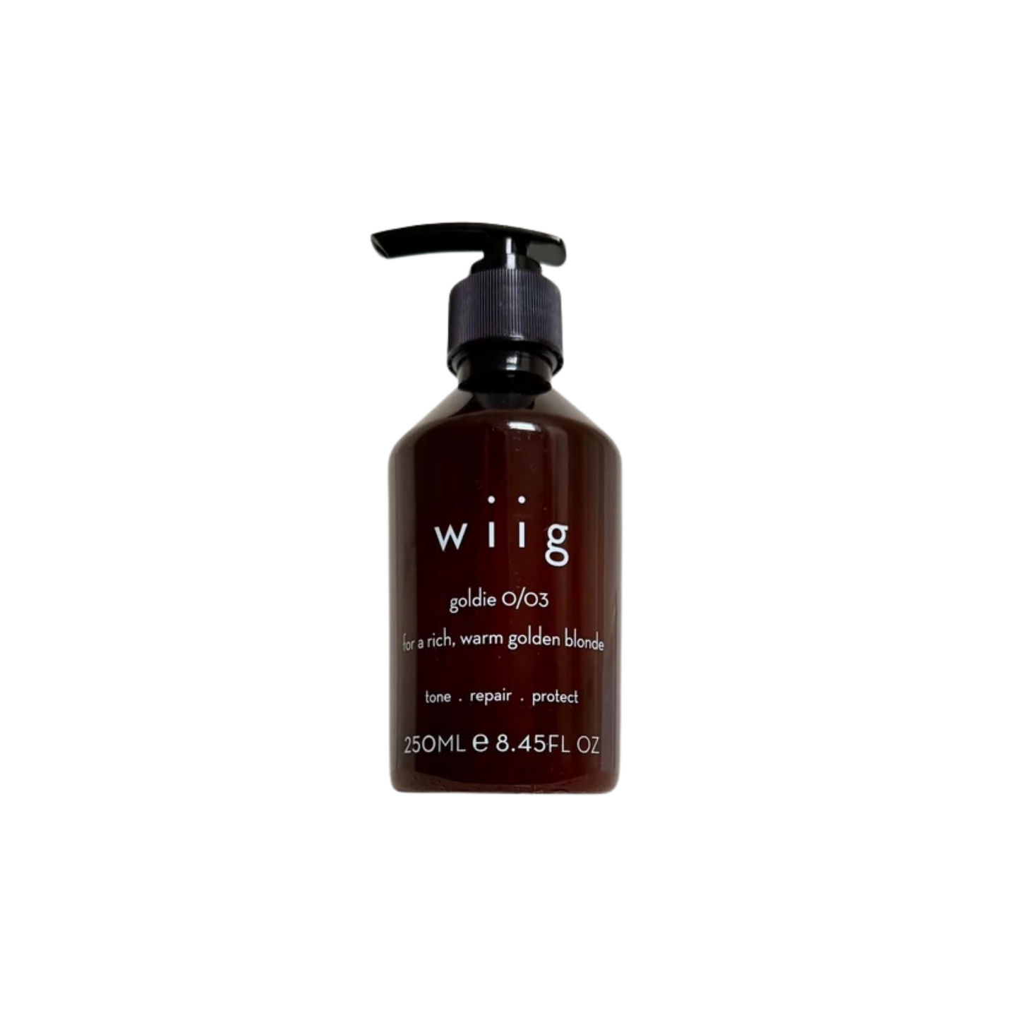 A 250ml pump bottle of wiig Goldie O/03 hair tone repair conditioner, designed for rich, warm golden blonde hair. The bottle is a dark amber brown with a black pump dispenser and white text on the front, set against a plain white background.