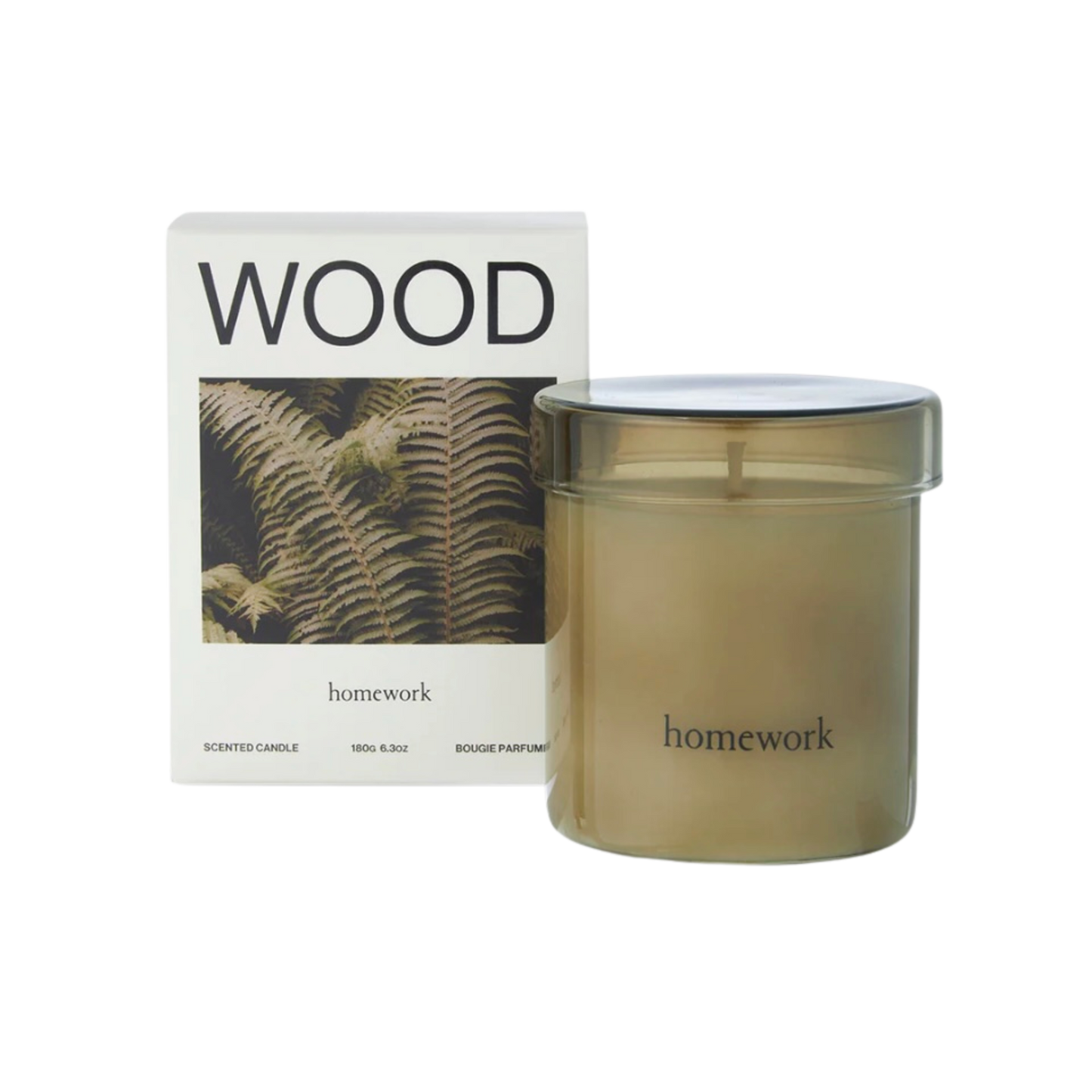 Homework scented candle with packaging on a white background