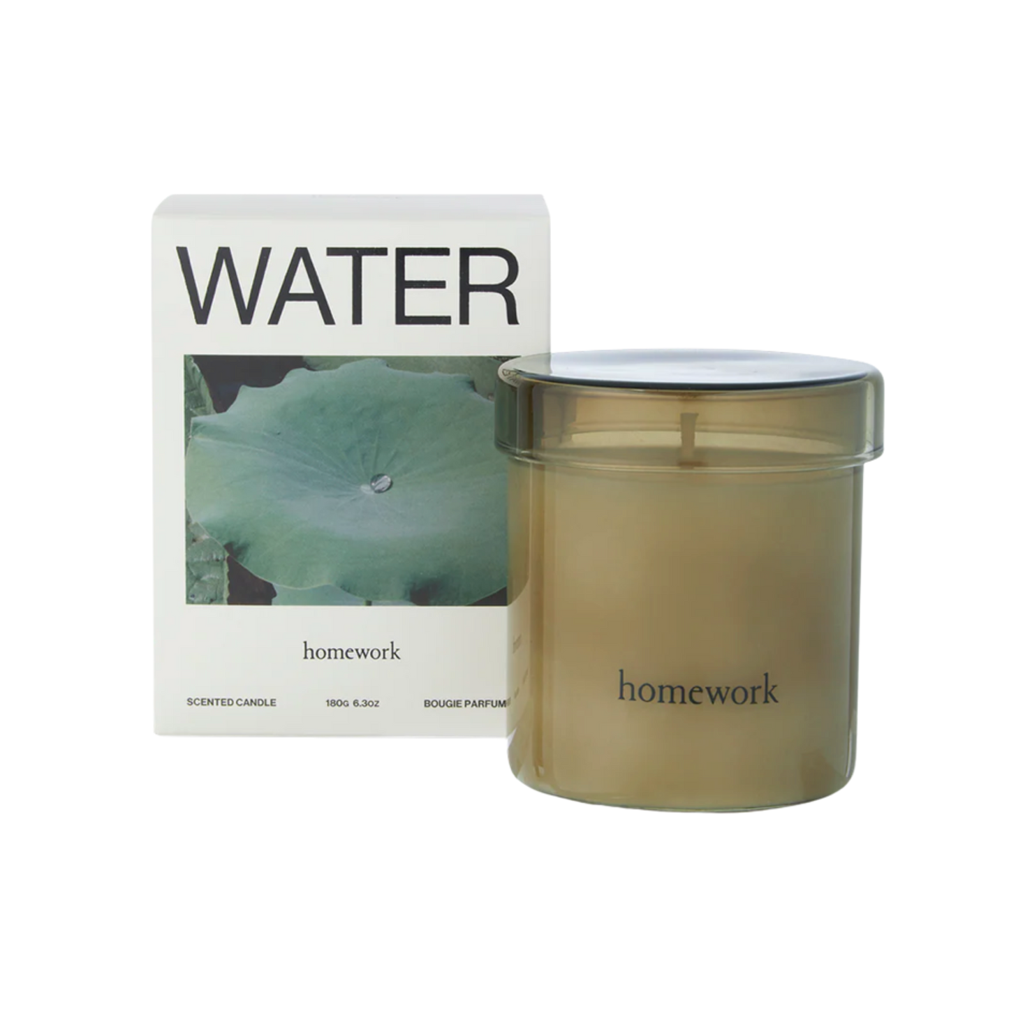 Homework scented candle with packaging labeled 'Water' on a white background