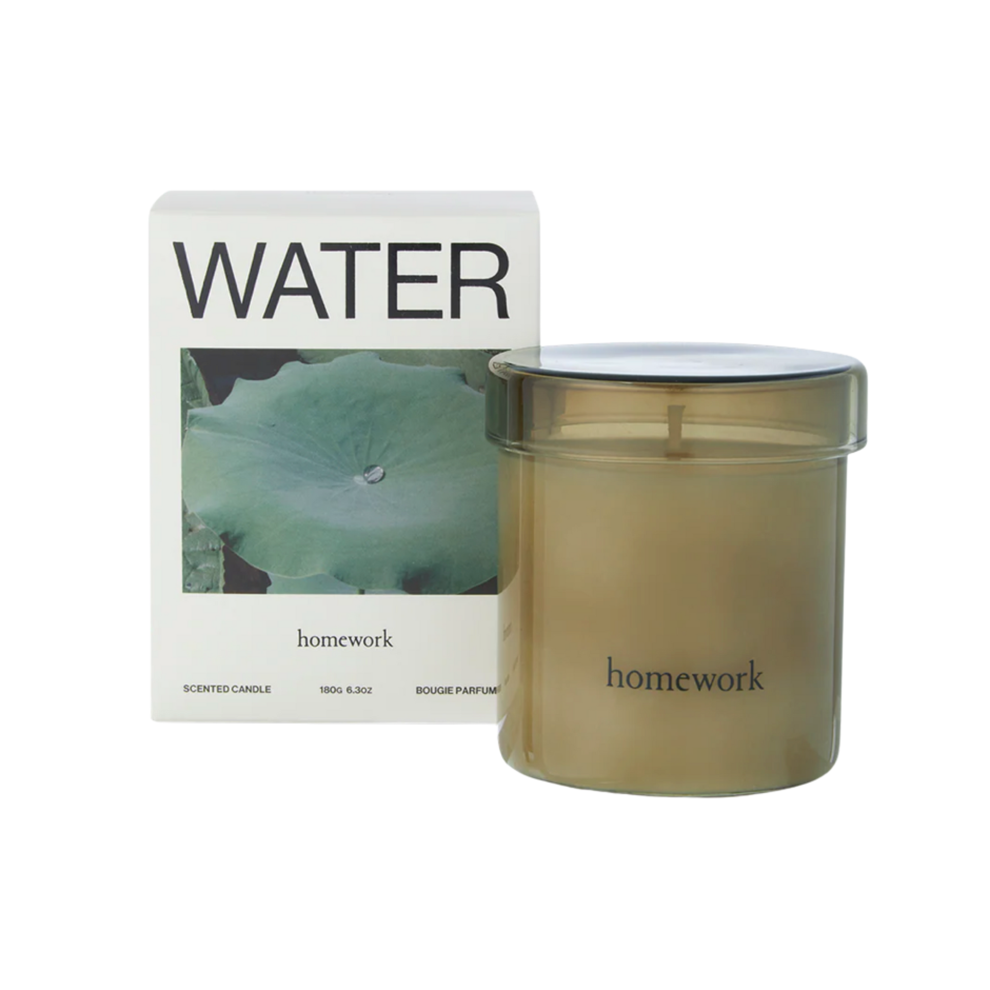 Homework scented candle with packaging labeled 'Water' on a white background