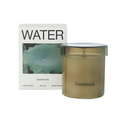 Homework scented candle with packaging labeled 'Water' on a white background