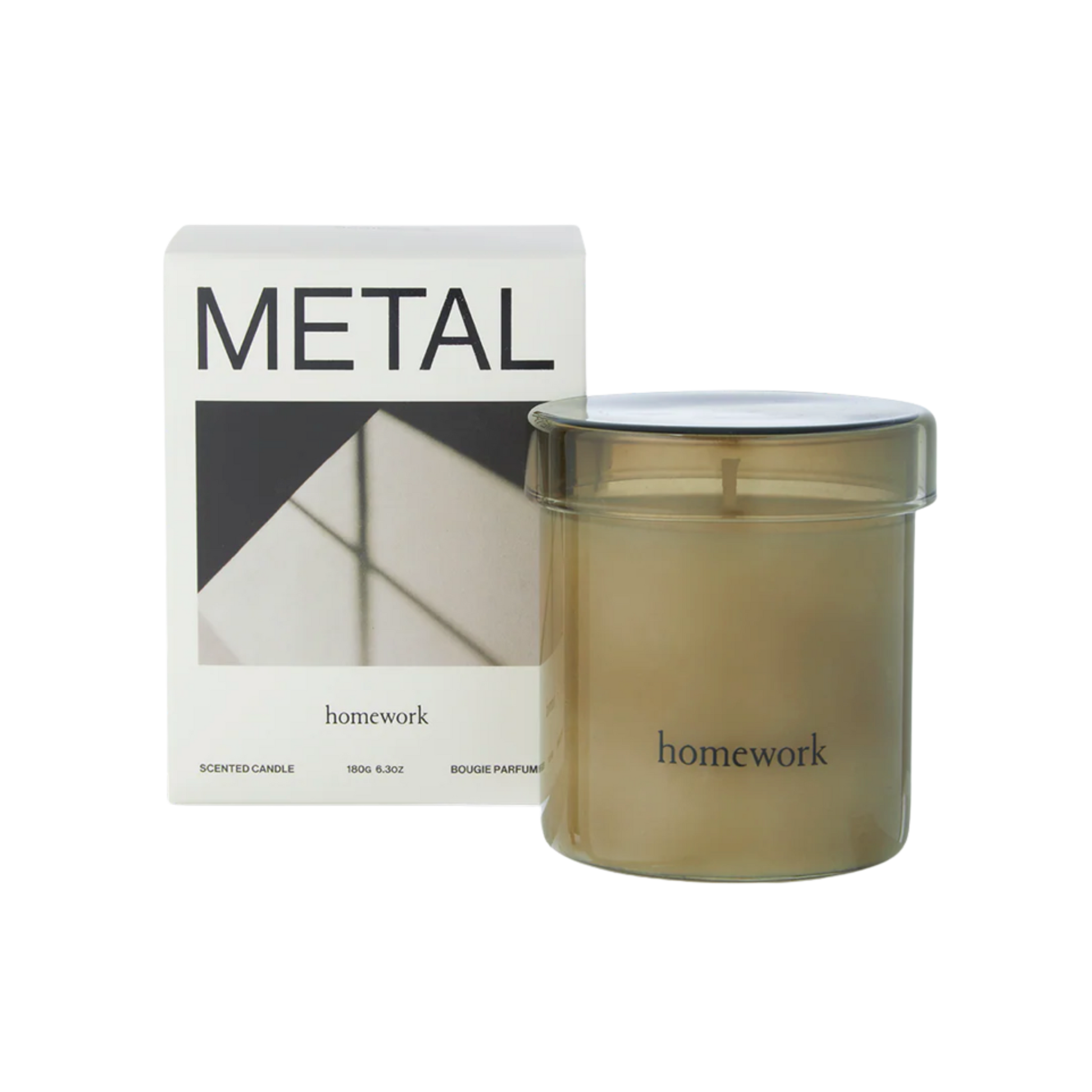 Homework scented candle with packaging on a white background