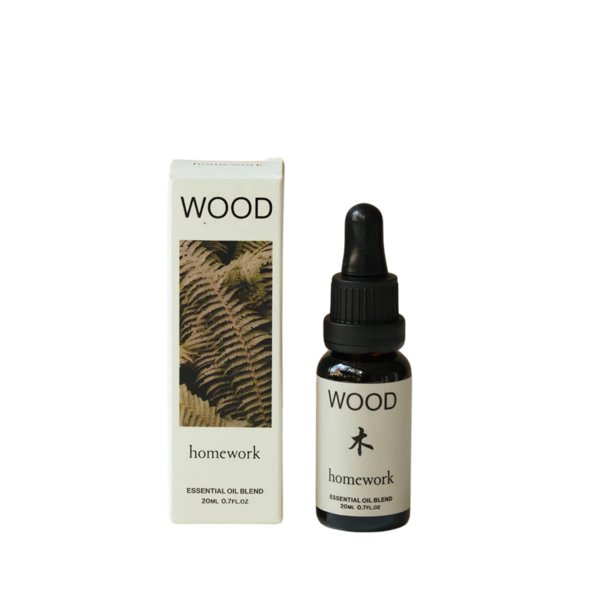 Essential oil bottle and packaging with 'WOOD' branding on a white background