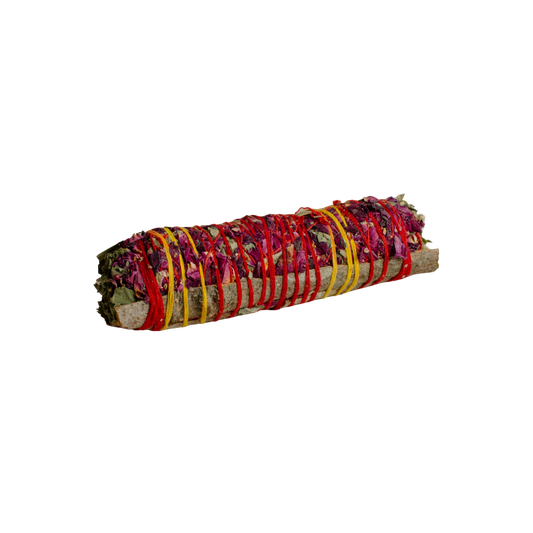 Rolled sage with colorful ribbons on a white background