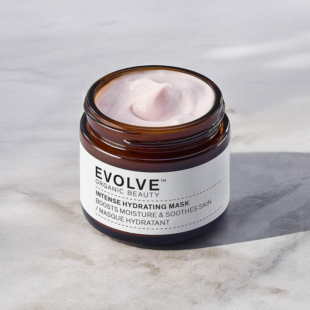 Evolve Intense Hydrating Mask jar on a marble surface
