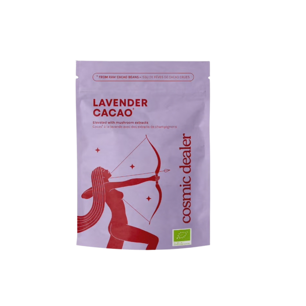 A stand-up pouch of Cosmic Dealer Lavender Cacao, featuring a light purple background with red text and a red archer illustration, plus a small green organic certification logo.