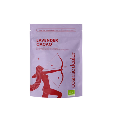 A stand-up pouch of Cosmic Dealer Lavender Cacao, featuring a light purple background with red text and a red archer illustration, plus a small green organic certification logo.