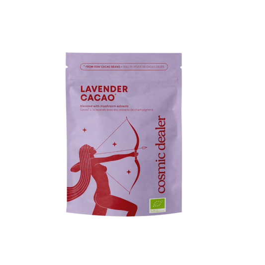A stand-up pouch of Cosmic Dealer Lavender Cacao, featuring a light purple background with red text and a red archer illustration, plus a small green organic certification logo.