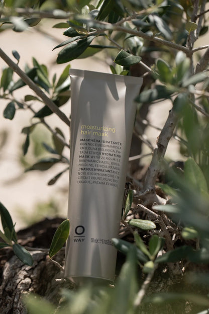 Tube of hair mask with olive leaves in the background