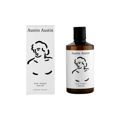 Austin Austin body soap bottle and packaging on a white background