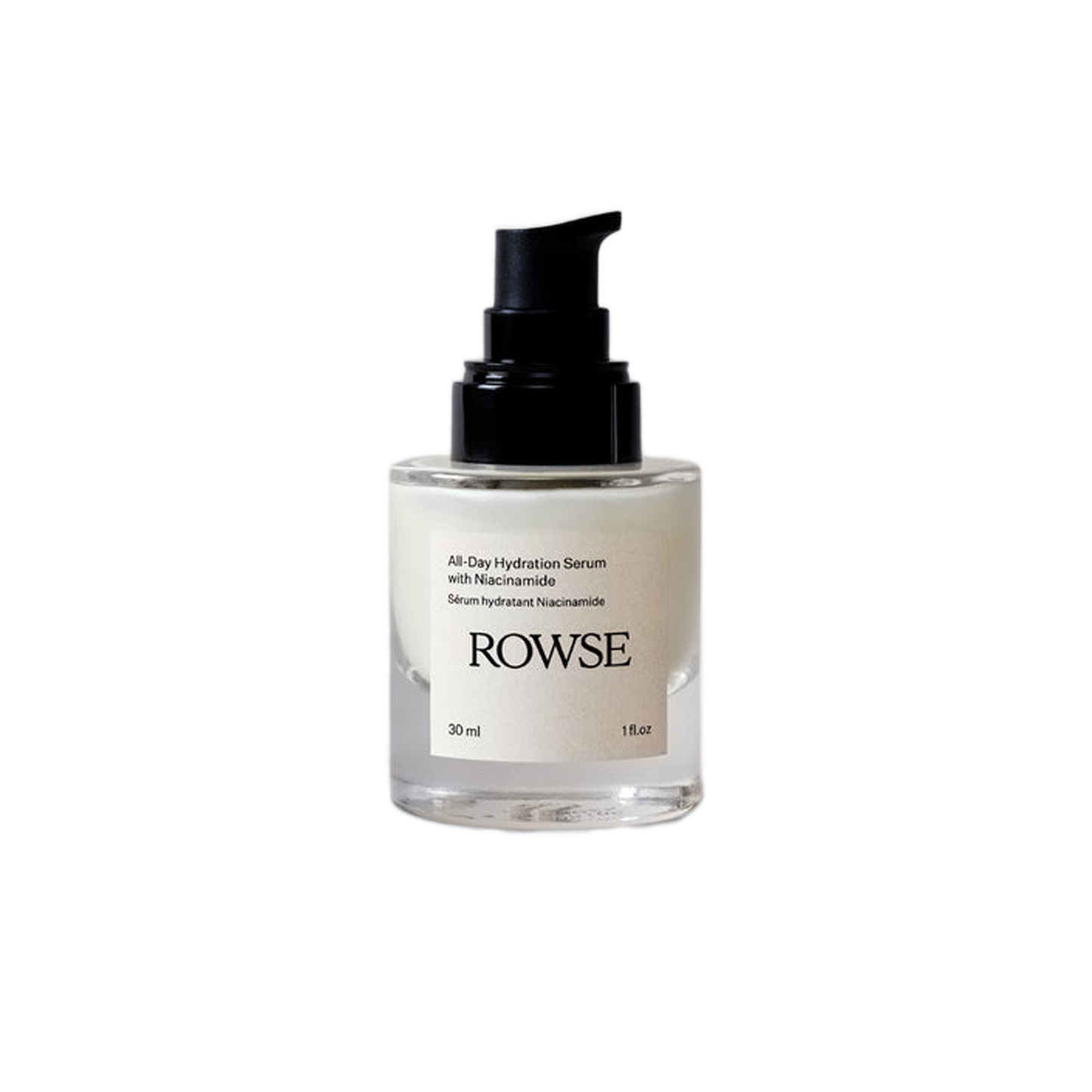 A clear glass bottle with a pump dispenser containing the All-Day Hydration Serum with Niacinamide by ROWSE. The label has the brand name and product description.