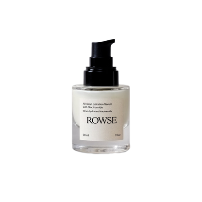A clear glass bottle with a pump dispenser containing the All-Day Hydration Serum with Niacinamide by ROWSE. The label has the brand name and product description.