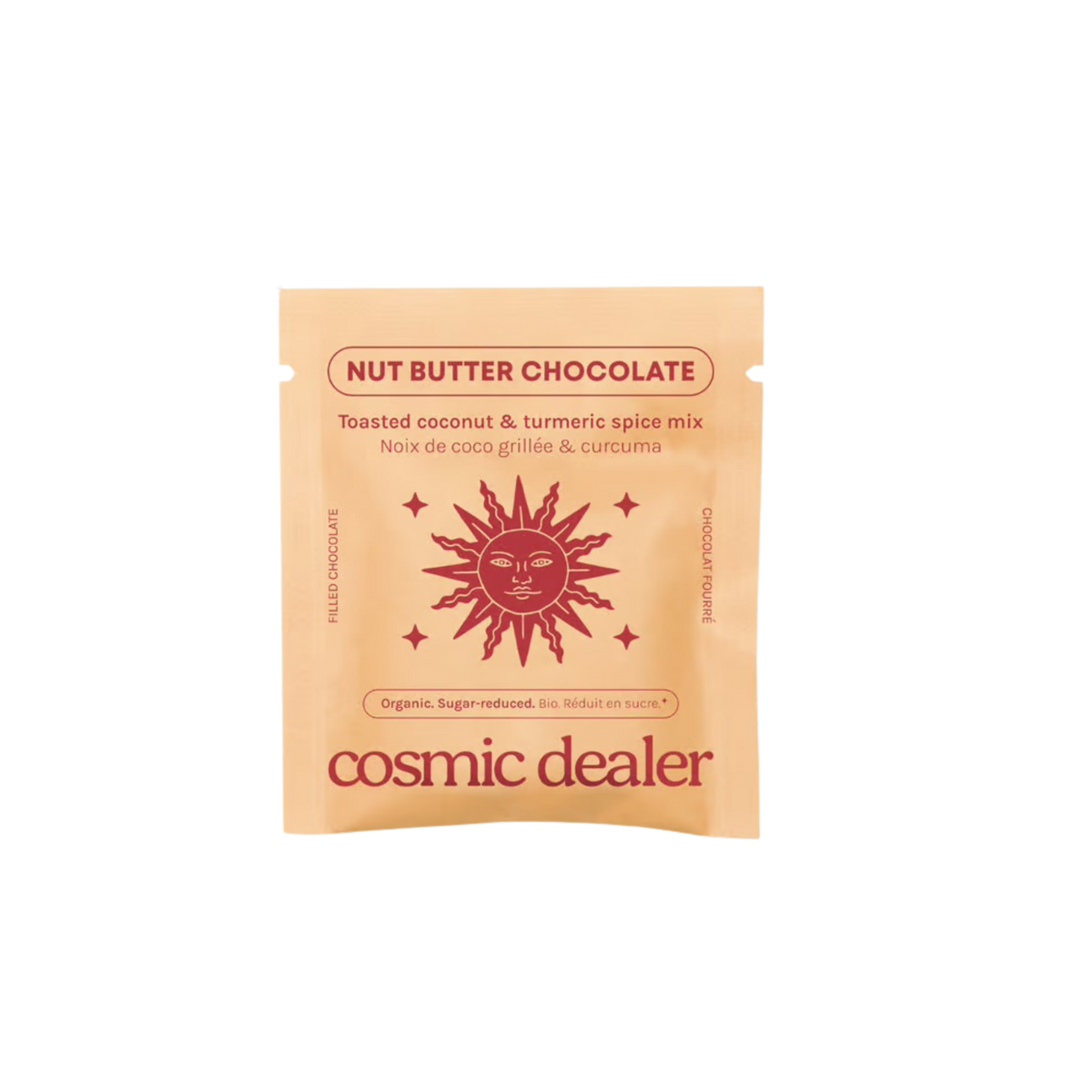 A single packet of Cosmic Dealer Nut Butter Chocolate coconut and tumeric spice mix, featuring a peach-coloured pouch with a red sun graphic and text, centered on a plain white background.