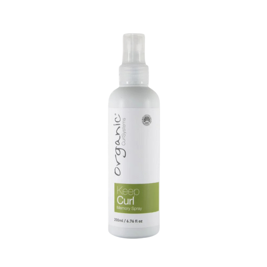 A spray bottle of OCS KeepCurl memory treatment 200ml, This product is in a white bottle with spray cap and lid, with a green and white label