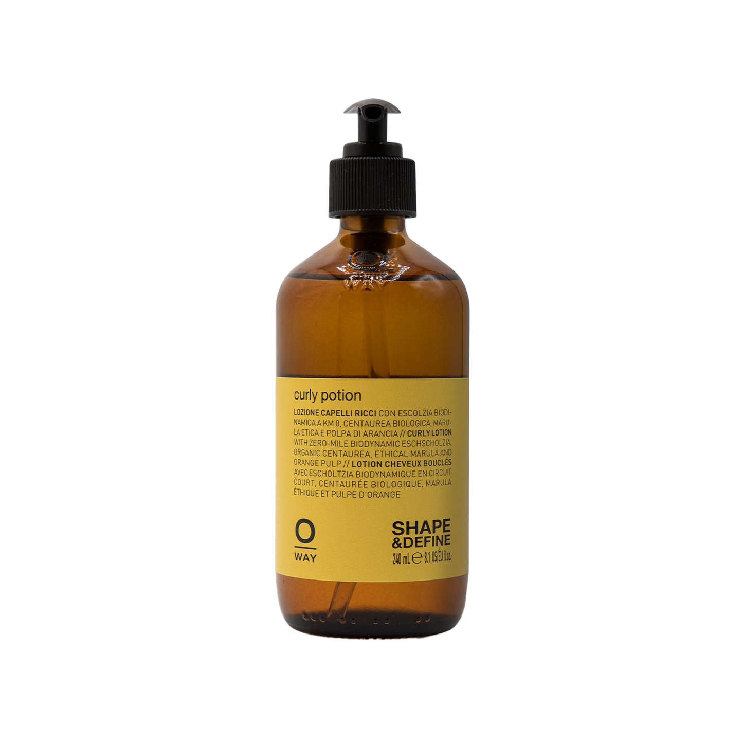 Oway Curly Potion amber glass bottle with pump dispenser