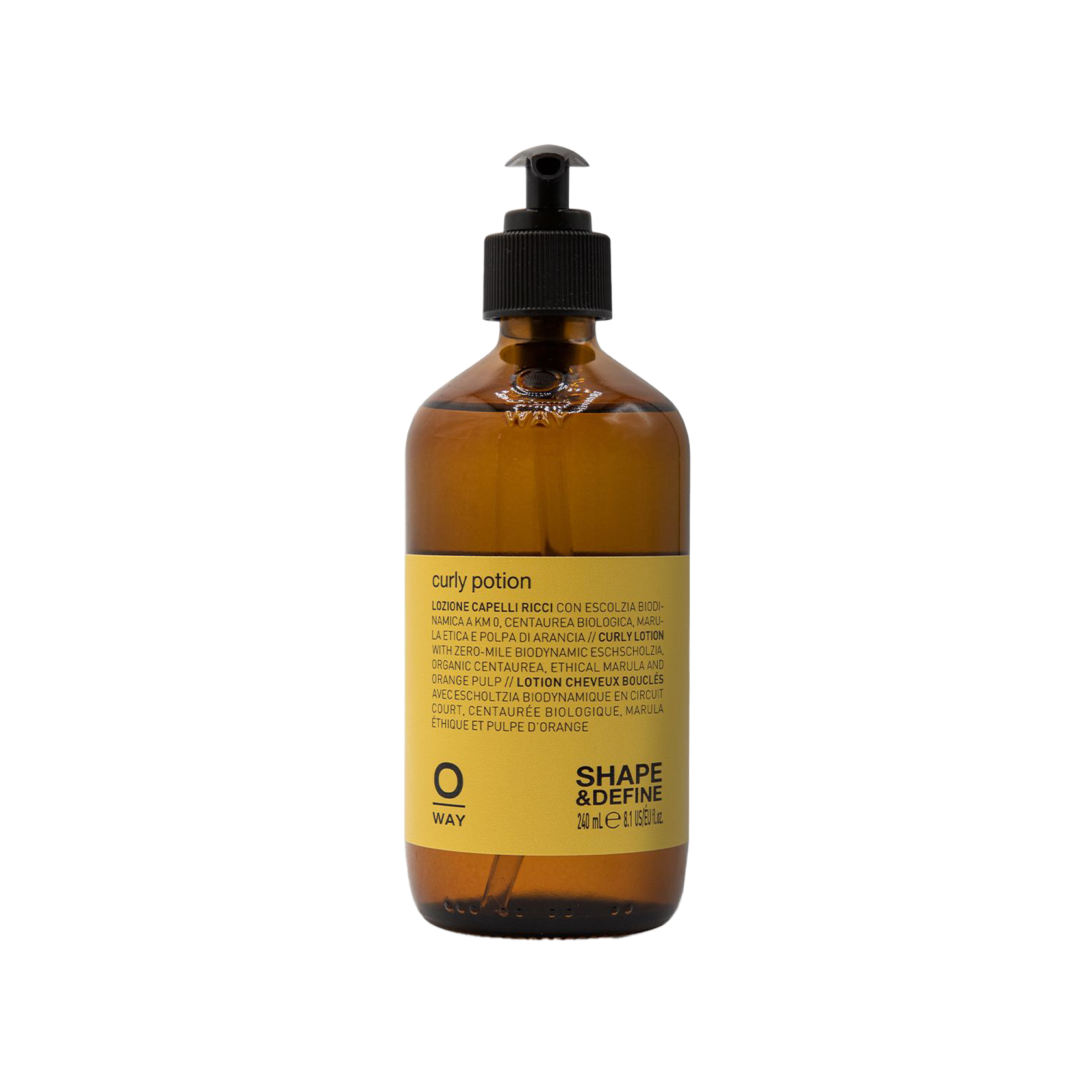 Oway Curly Potion amber glass bottle with pump dispenser