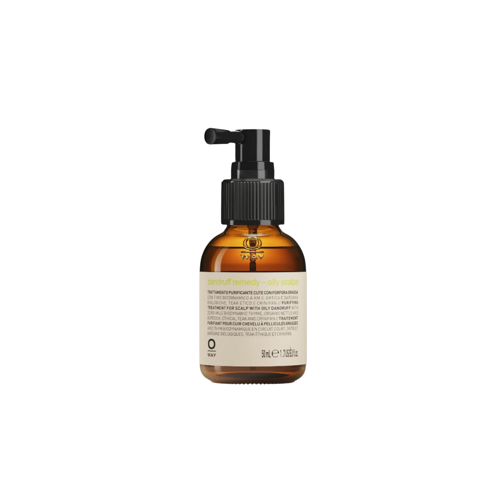 Brown bottle of Oway dandruff remedy with pump on a white background