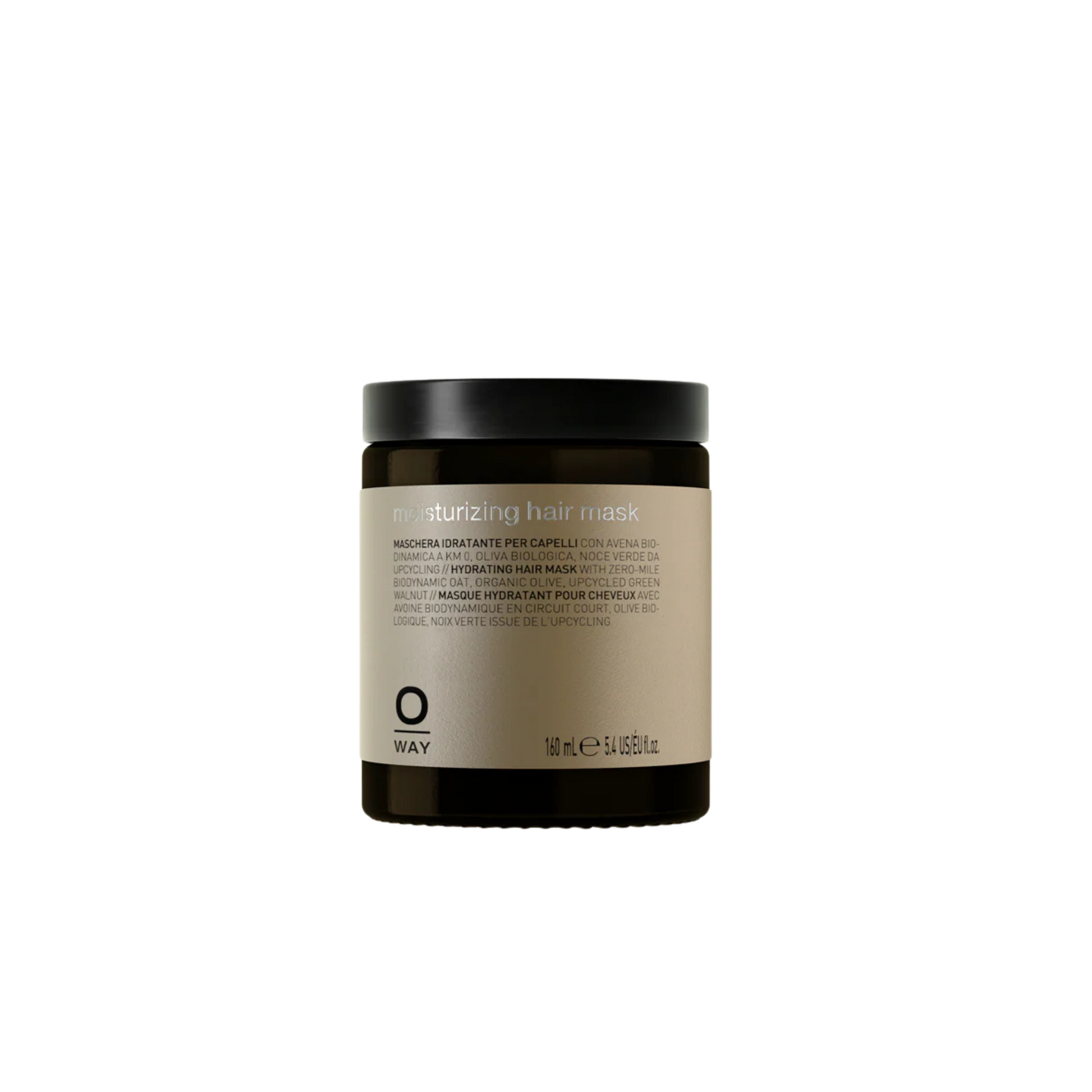 Moisturizing hair mask jar with black lid on a white background