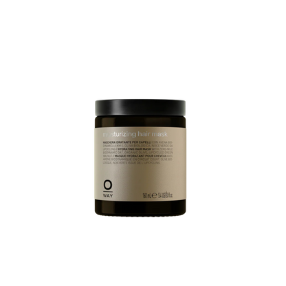 Moisturizing hair mask jar with black lid on a white background