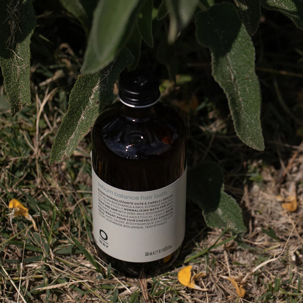 Bottle of hair balm on a natural background with green leaves and grass.