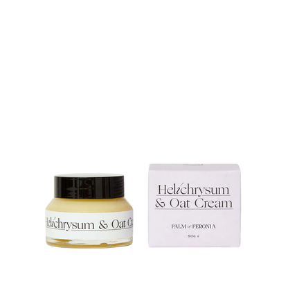 Jar of Helichrysum & Oat Cream with packaging on a white background