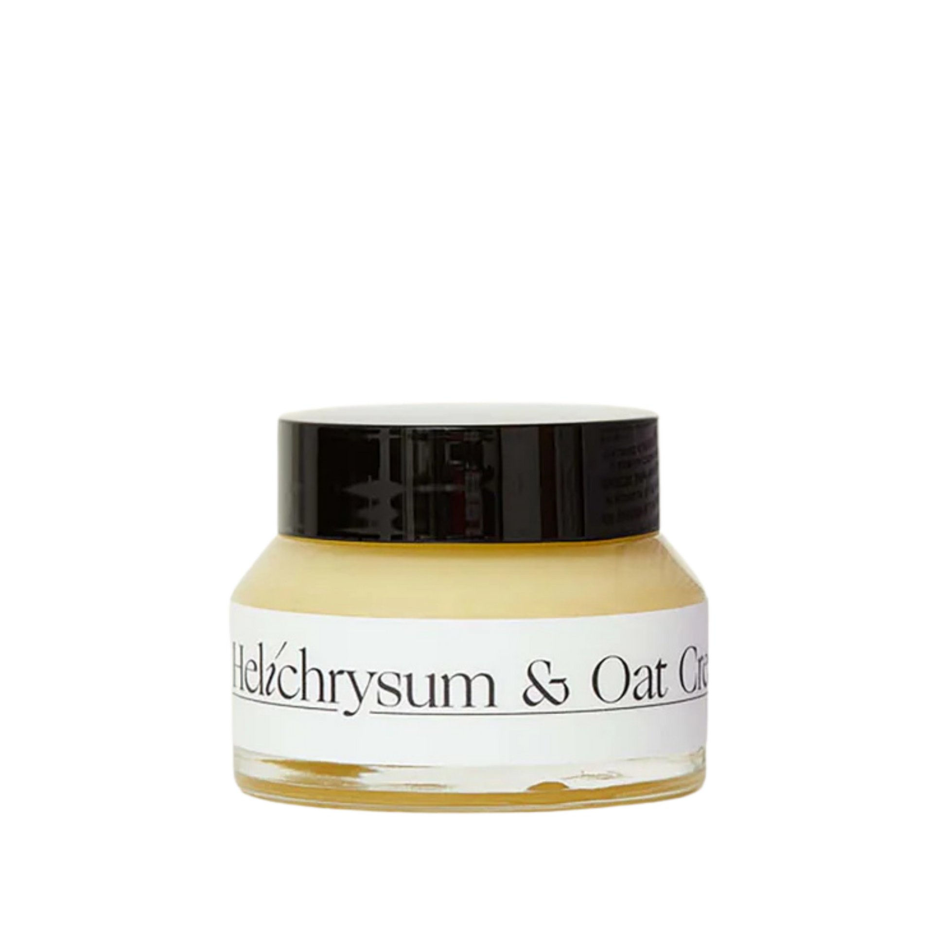 Jar of Helichrysum & Oat Cream with black lid on a white background
