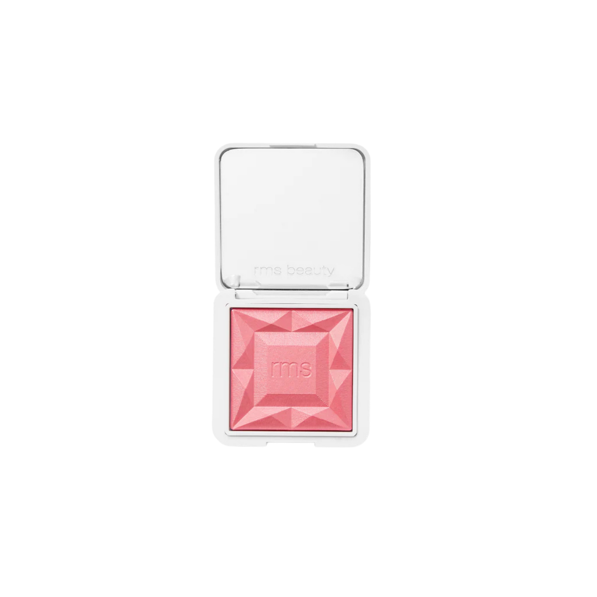 RMS Beauty ReDimension Hydra Powder Blush - French Rose-shaped pressed blush in a white compact with a clear lid, shown open on a white background.