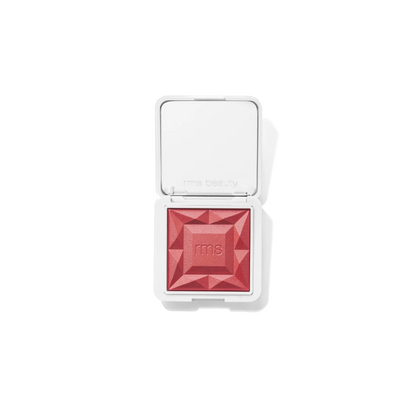 RMS Beauty ReDimension Hydra Powder Blush - Kir Royal diamond-shaped pressed powder blush in a vibrant coral pink shade, housed in a white compact with an open mirror lid, shown on a clean white background.