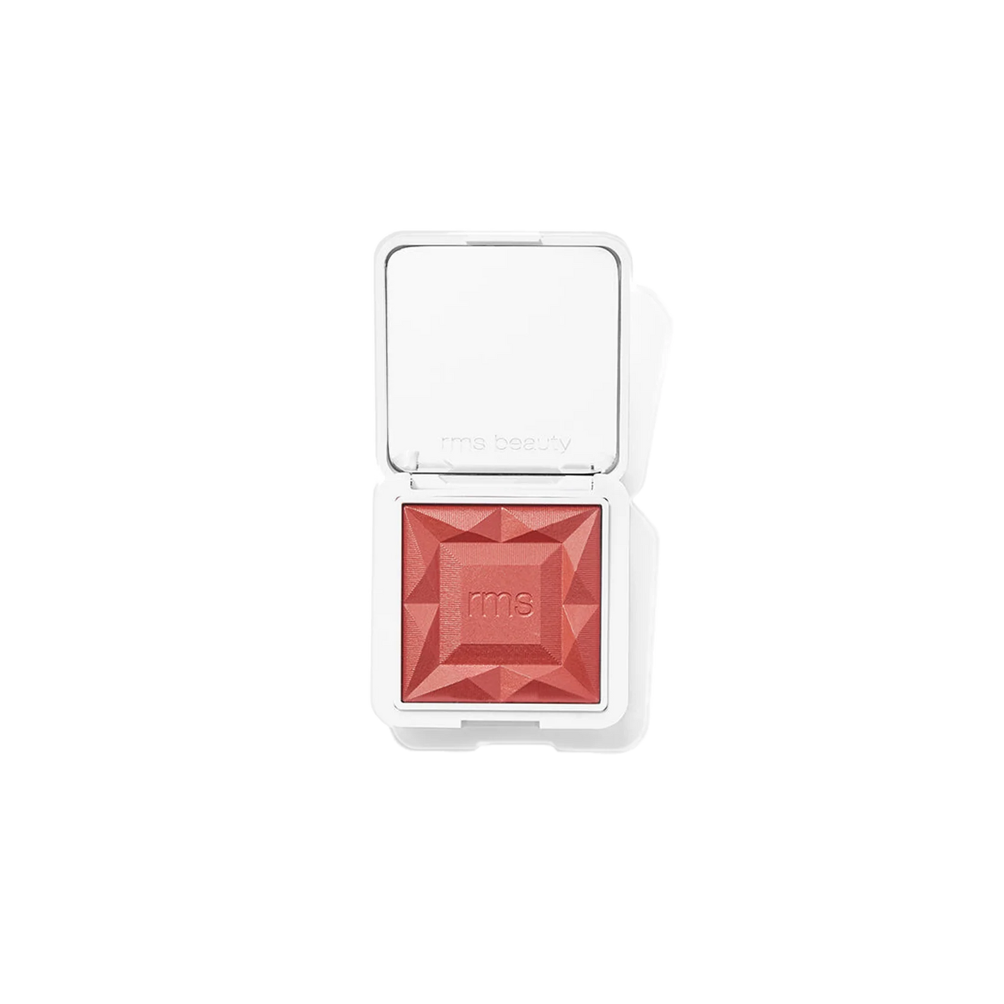 RMS Beauty ReDimension Hydra Powder Blush - Sangria, diamond-shaped pressed powder blush in a coral pink shade, shown in an open white compact with a mirror on a white background.
