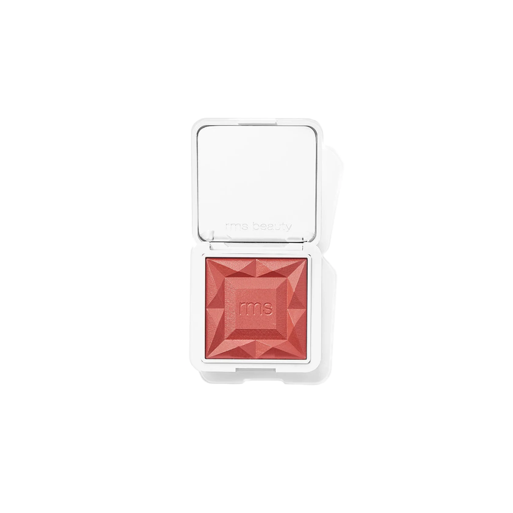 RMS Beauty ReDimension Hydra Powder Blush - Sangria, diamond-shaped pressed powder blush in a coral pink shade, shown in an open white compact with a mirror on a white background.