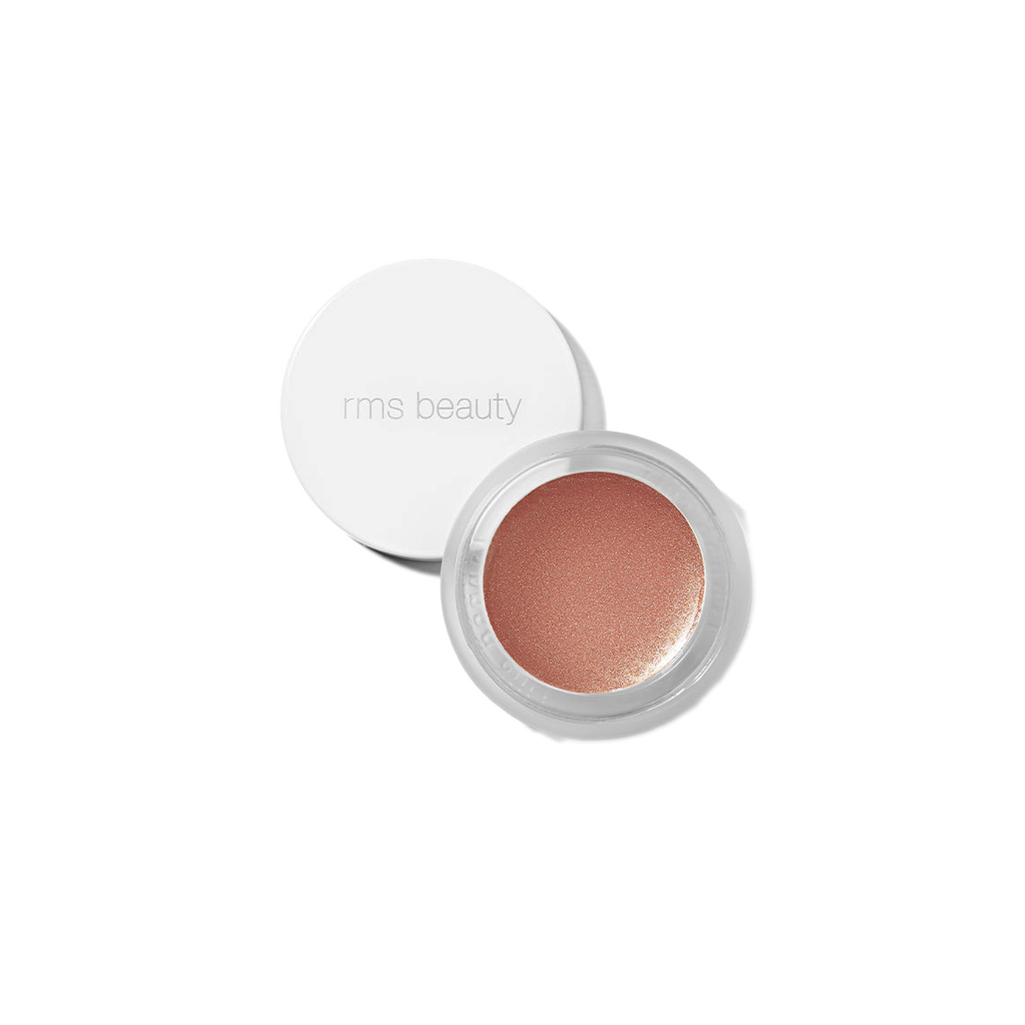 RMS Beauty Peach Luminizer in clear glass jar against plain white background showing warm bronze-peach cream highlighter texture